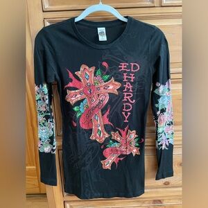 Rare Ed Hardy by Christian Audigier Black Long Sleeve Graphic Shirt